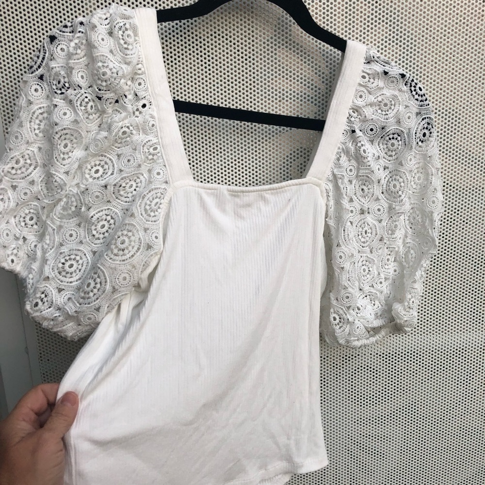 Heartloom White Square Neck Lace Puff Sleeve Top - Delicate Crochet Sleeves